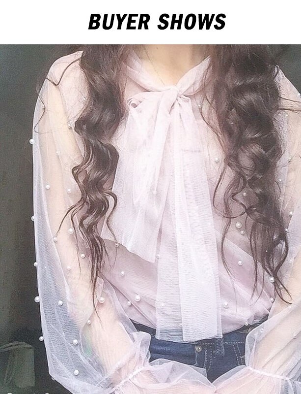 2021 Autumn Women Chiffon Shirt Gauze Bow Beading Pink White Blosue with Lace Lady's Tops Female Office Shirts Blusa 4323 50