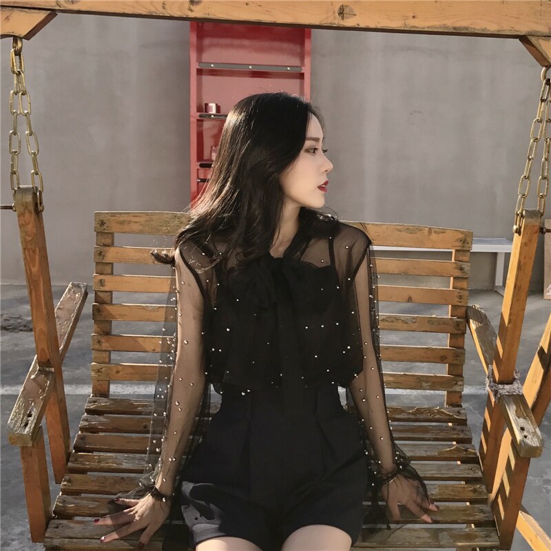 2021 Autumn Women Chiffon Shirt Gauze Bow Beading Pink White Blosue with Lace Lady's Tops Female Office Shirts Blusa 4323 50
