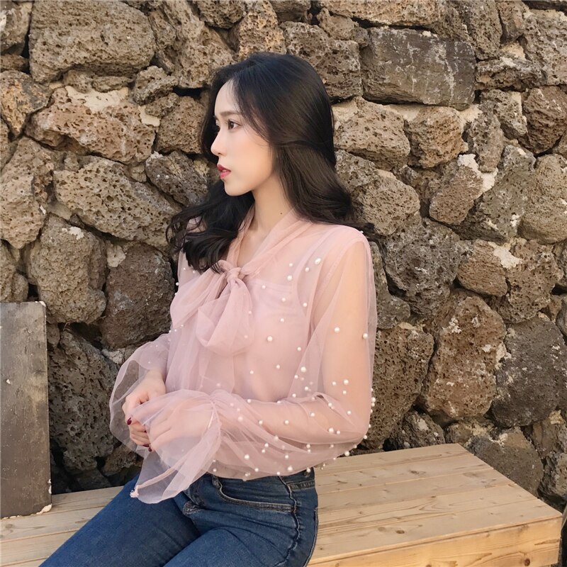 2021 Autumn Women Chiffon Shirt Gauze Bow Beading Pink White Blosue with Lace Lady's Tops Female Office Shirts Blusa 4323 50