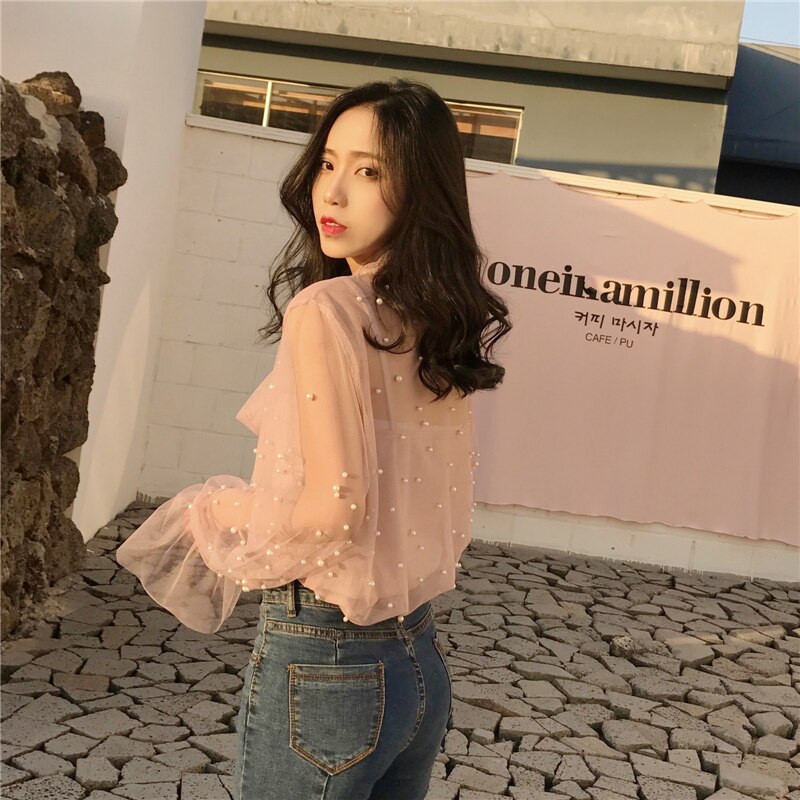 2021 Autumn Women Chiffon Shirt Gauze Bow Beading Pink White Blosue with Lace Lady's Tops Female Office Shirts Blusa 4323 50