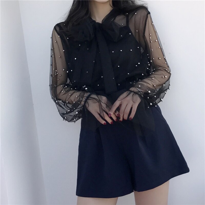 2021 Autumn Women Chiffon Shirt Gauze Bow Beading Pink White Blosue with Lace Lady's Tops Female Office Shirts Blusa 4323 50