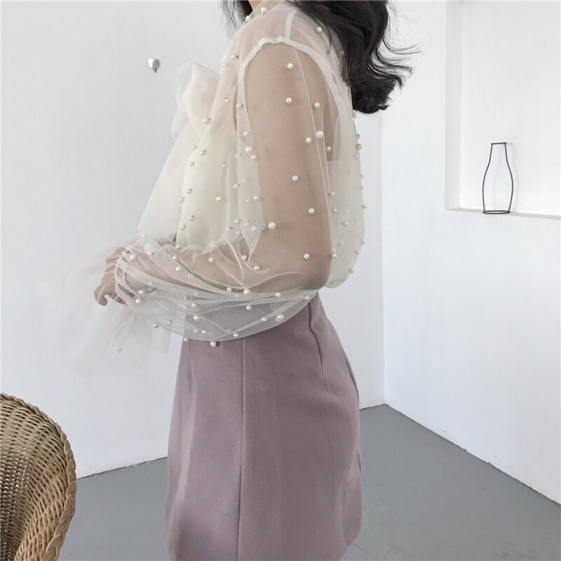 2021 Autumn Women Chiffon Shirt Gauze Bow Beading Pink White Blosue with Lace Lady's Tops Female Office Shirts Blusa 4323 50