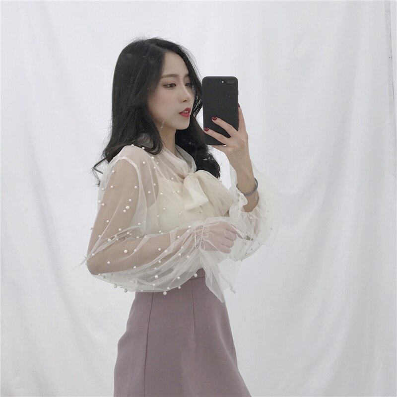 2021 Autumn Women Chiffon Shirt Gauze Bow Beading Pink White Blosue with Lace Lady's Tops Female Office Shirts Blusa 4323 50