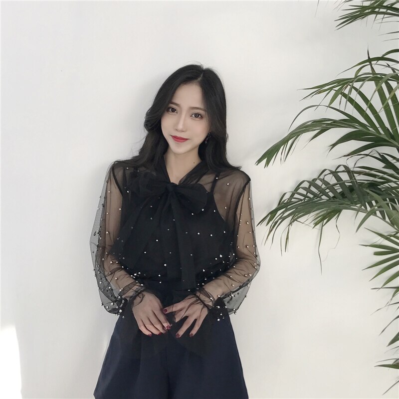 2021 Autumn Women Chiffon Shirt Gauze Bow Beading Pink White Blosue with Lace Lady's Tops Female Office Shirts Blusa 4323 50