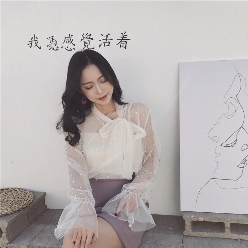2021 Autumn Women Chiffon Shirt Gauze Bow Beading Pink White Blosue with Lace Lady's Tops Female Office Shirts Blusa 4323 50