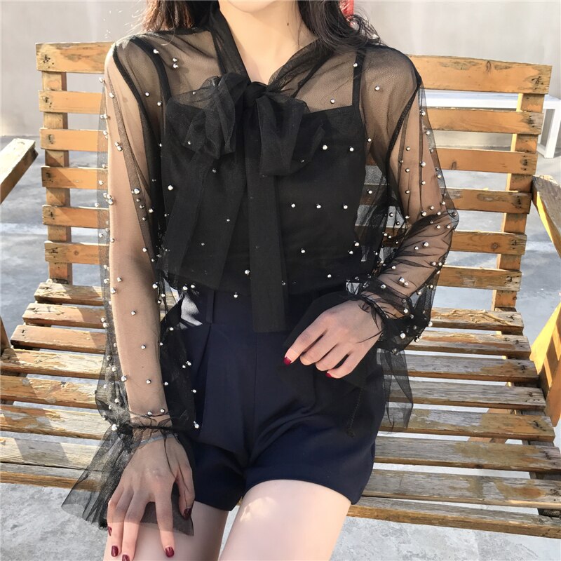 2021 Autumn Women Chiffon Shirt Gauze Bow Beading Pink White Blosue with Lace Lady's Tops Female Office Shirts Blusa 4323 50