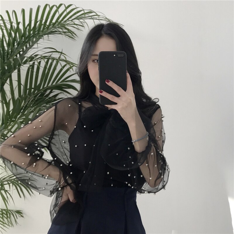 2021 Autumn Women Chiffon Shirt Gauze Bow Beading Pink White Blosue with Lace Lady's Tops Female Office Shirts Blusa 4323 50