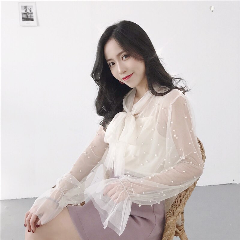 2021 Autumn Women Chiffon Shirt Gauze Bow Beading Pink White Blosue with Lace Lady's Tops Female Office Shirts Blusa 4323 50