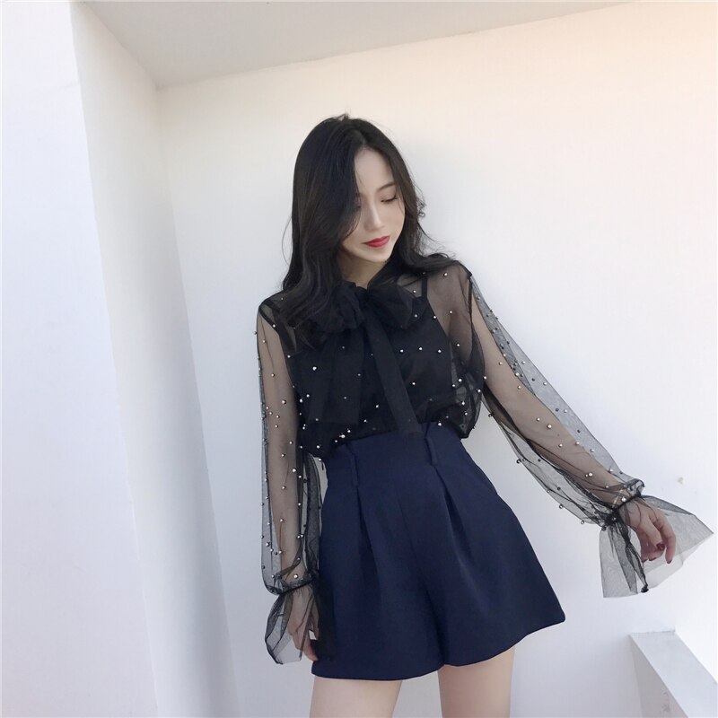 2021 Autumn Women Chiffon Shirt Gauze Bow Beading Pink White Blosue with Lace Lady's Tops Female Office Shirts Blusa 4323 50