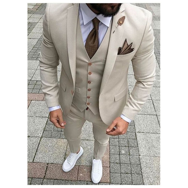 Slim Fit Male Blazer Wedding Groom Tuxedos men suit Beige Mens Suits Three Piece Jacket Pants Vest fast delivery Slim Fit Male Blazer Wedding Groom Tuxedos men suit Beige Mens Suits Three Piece Jacket Pants Vest fast delivery