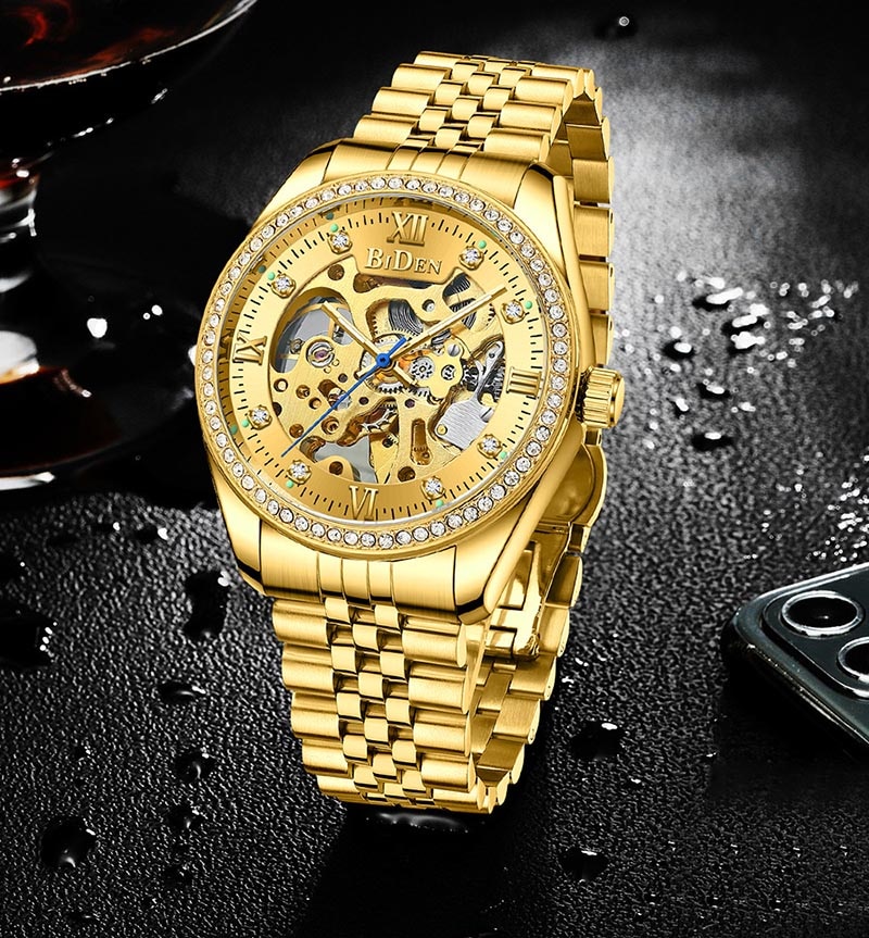 Luxury Gold men Automatic Mechanical Watches men Fashion Stainless Steel Clock male Crystal Hollow Skeleton Watch Saati