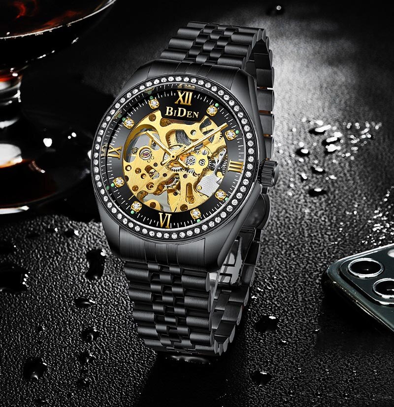 Luxury Gold men Automatic Mechanical Watches men Fashion Stainless Steel Clock male Crystal Hollow Skeleton Watch Saati