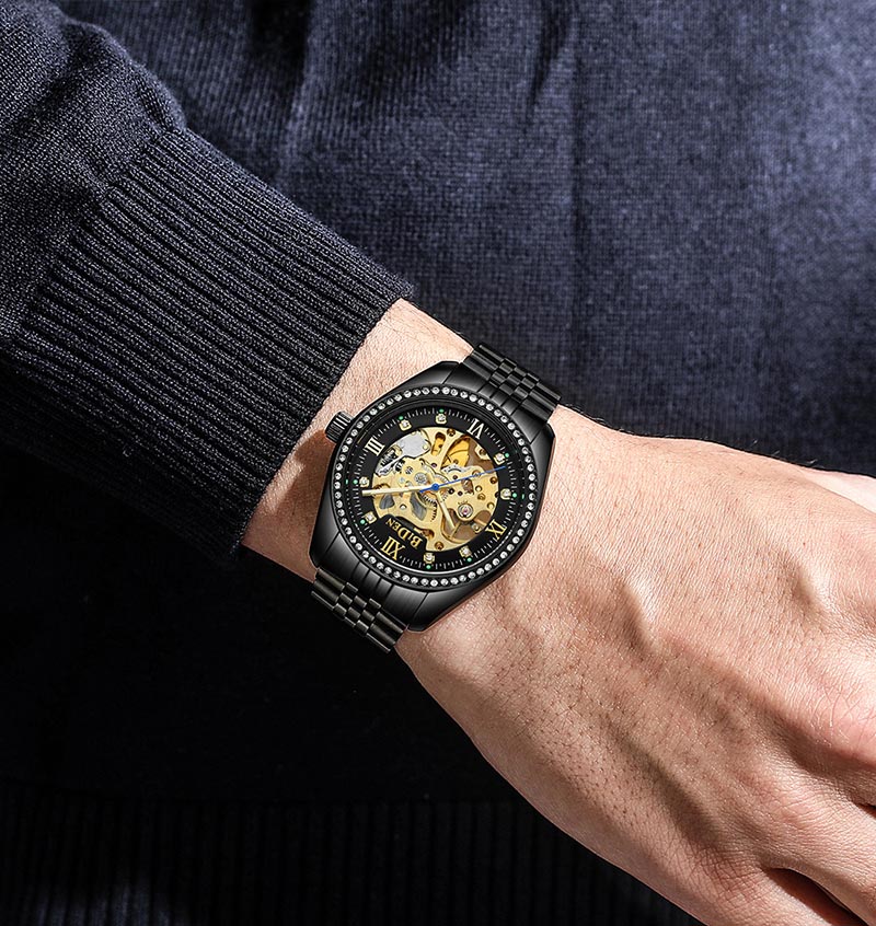 Luxury Gold men Automatic Mechanical Watches men Fashion Stainless Steel Clock male Crystal Hollow Skeleton Watch Saati