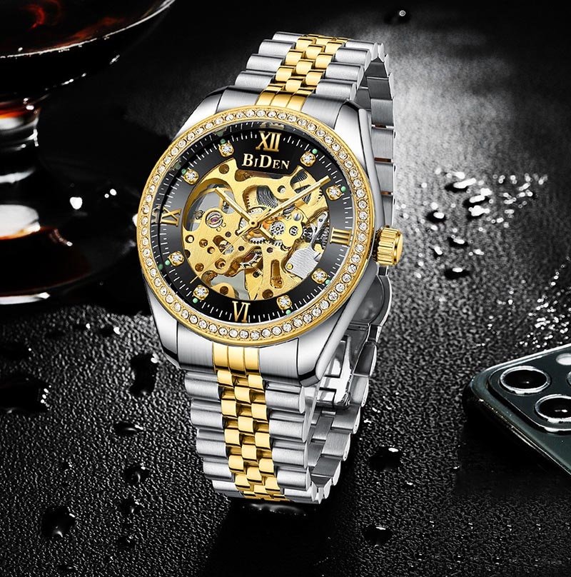 Luxury Gold men Automatic Mechanical Watches men Fashion Stainless Steel Clock male Crystal Hollow Skeleton Watch Saati