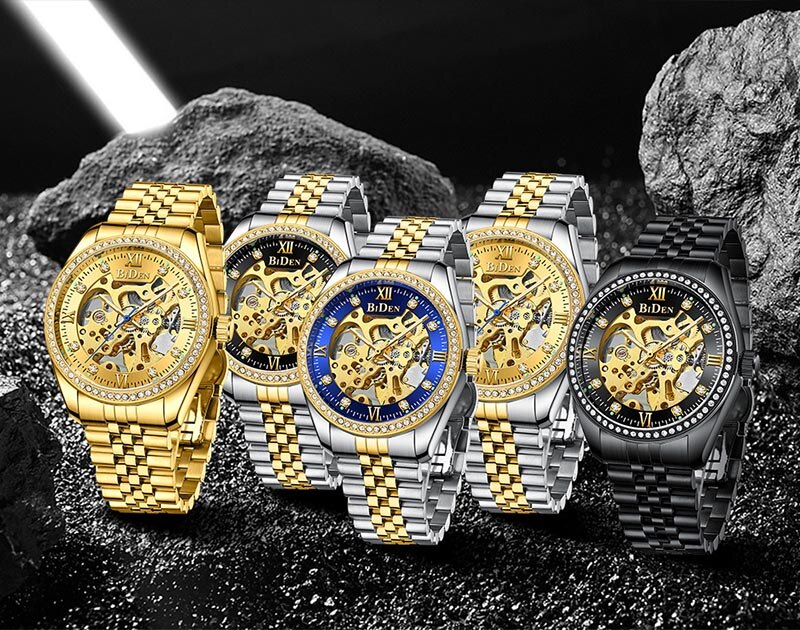 Luxury Gold men Automatic Mechanical Watches men Fashion Stainless Steel Clock male Crystal Hollow Skeleton Watch Saati