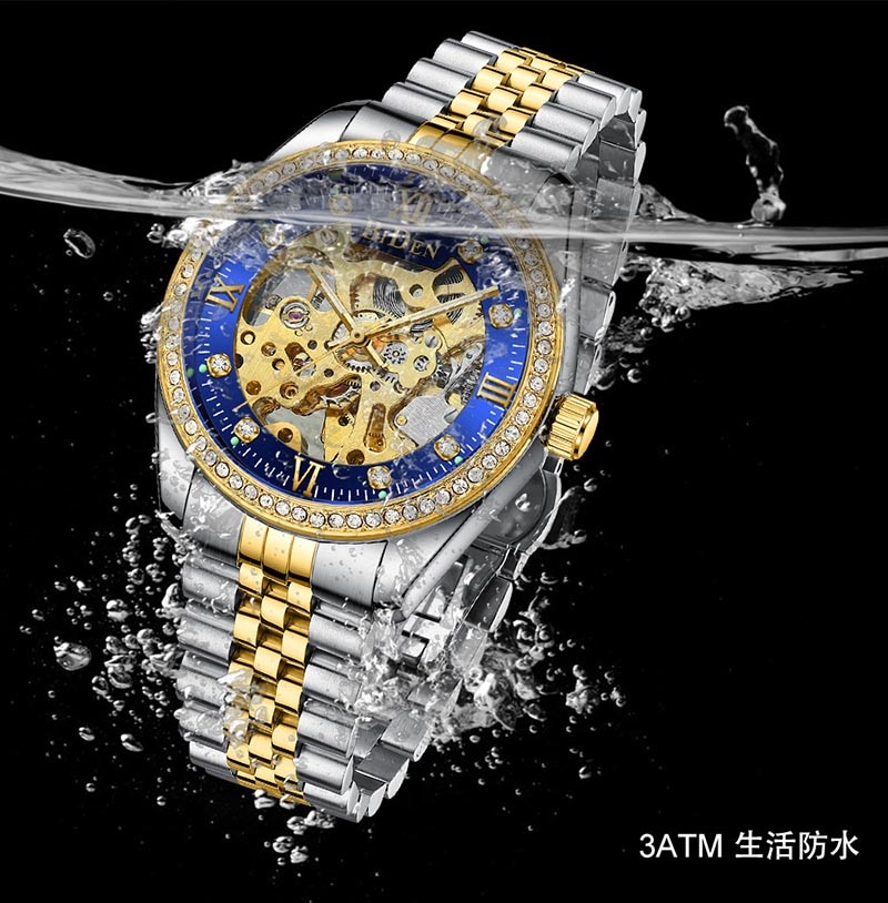 Luxury Gold men Automatic Mechanical Watches men Fashion Stainless Steel Clock male Crystal Hollow Skeleton Watch Saati