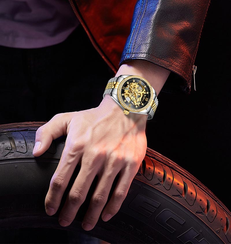 Luxury Gold men Automatic Mechanical Watches men Fashion Stainless Steel Clock male Crystal Hollow Skeleton Watch Saati
