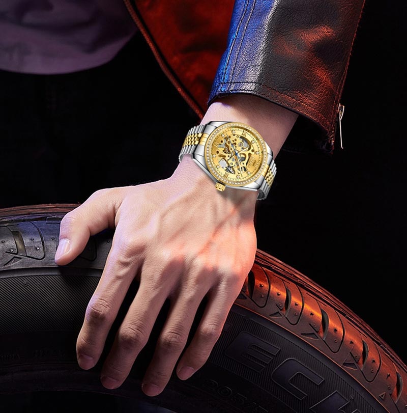Luxury Gold men Automatic Mechanical Watches men Fashion Stainless Steel Clock male Crystal Hollow Skeleton Watch Saati