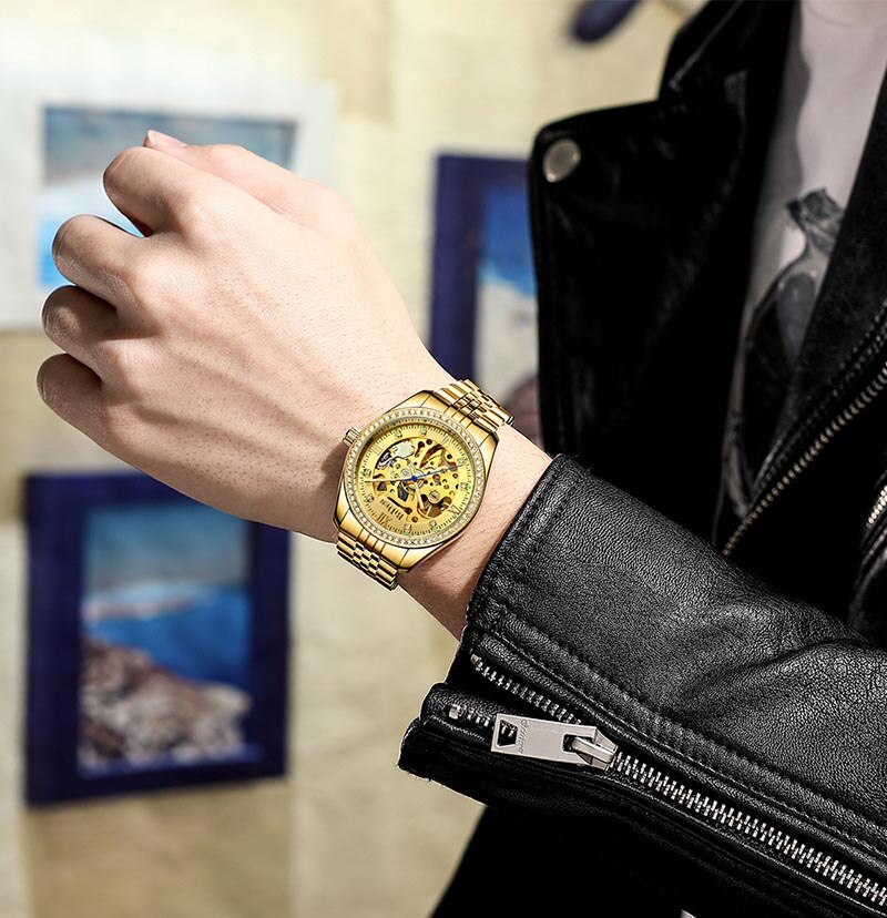 Luxury Gold men Automatic Mechanical Watches men Fashion Stainless Steel Clock male Crystal Hollow Skeleton Watch Saati