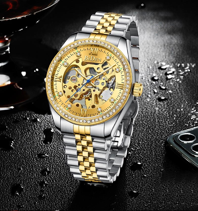 Luxury Gold men Automatic Mechanical Watches men Fashion Stainless Steel Clock male Crystal Hollow Skeleton Watch Saati