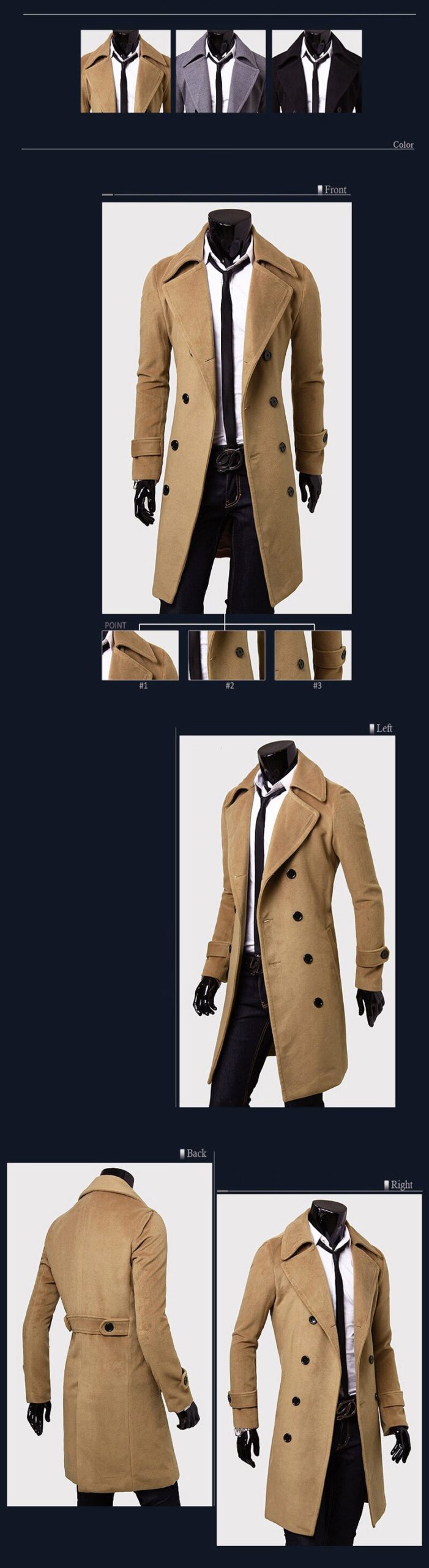 2019 Autumn mens woolen jacket Solid color Cotton Trench Coat Fashion Long Double-breasted Windbreaker Male Overcoat M-3XL Top