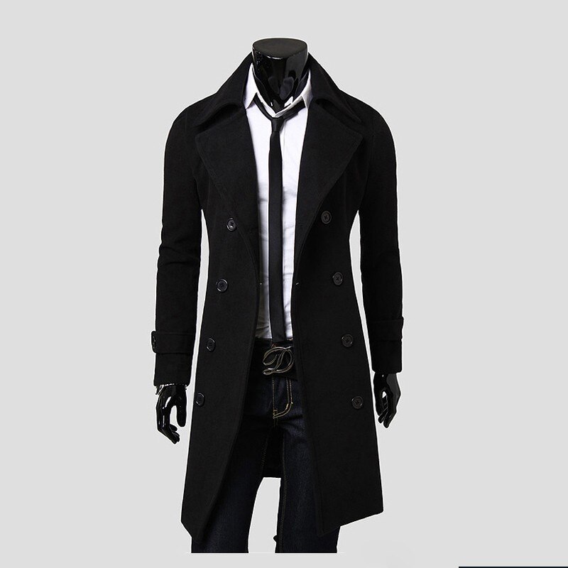 2019 Autumn mens woolen jacket Solid color Cotton Trench Coat Fashion Long Double-breasted Windbreaker Male Overcoat M-3XL Top